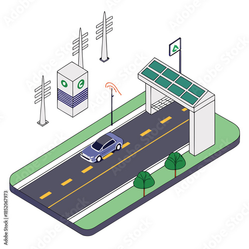 3d isometric smart eco highway system with solar panel and electric vehicle charging station