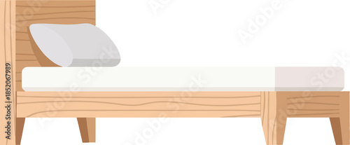 Modern wooden bed frame illustration with mattress and pillow isolated on white background