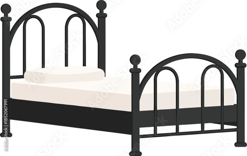 A black metal bed frame with a white mattress and pillow on a white background