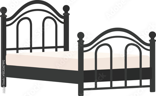 Black metal bed frame with beige mattress in simple flat illustration