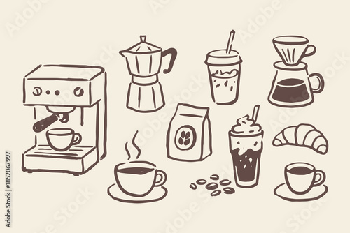 Coffee Set Doodle Outline Vector Illustration
