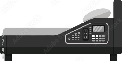 Side profile illustration of a modern smart bed with an advanced control panel