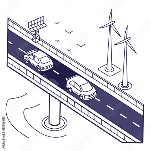 Isometric of cars driving on a highway powered by renewable energy sources