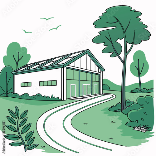 Eco friendly warehouse with solar panels on roof beside green pathway