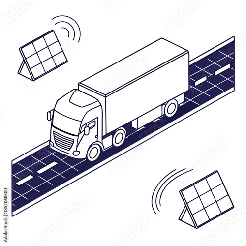 Electric truck driving on solar powered road with solar panels