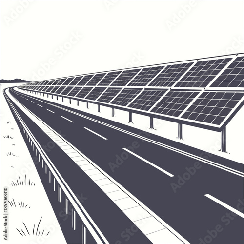 Solar panels on highway median strip road renewable energy