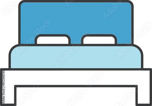 A simple vector icon illustration of a double bed with a blue headboard and white pillows