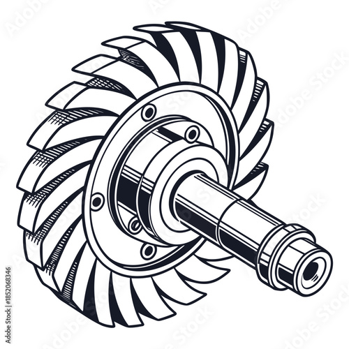 Close up metallic turbine with rotating blades industrial