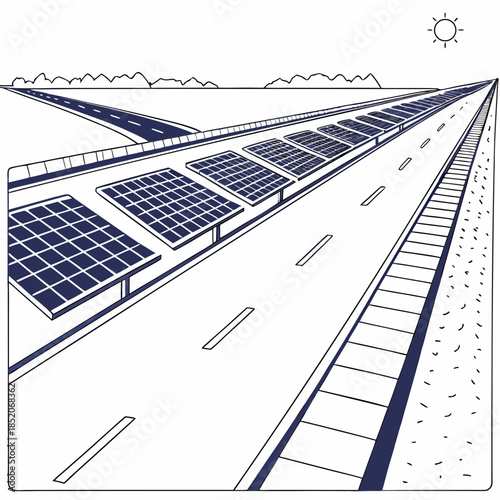 Solar panels on highway with mountains and sun road