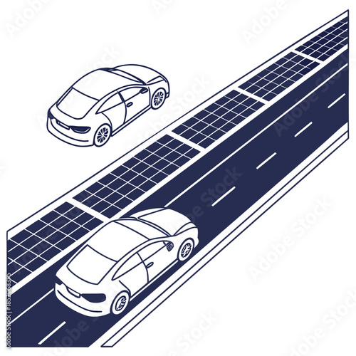 Solar powered highway with cars and photovoltaic panels