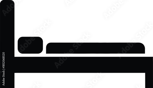 A simple black silhouette icon depicting a bed with a pillow and mattress on a white background