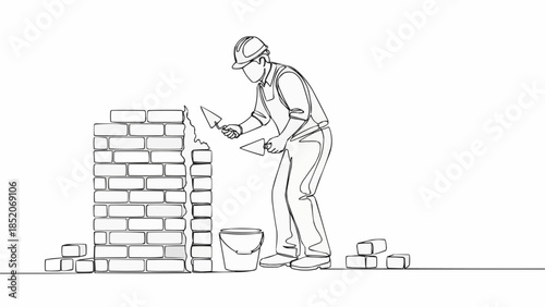 Bricklayer working on construction site building a wall.