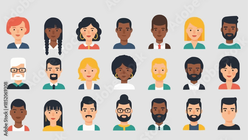 Diverse group of people avatars in a flat design style.