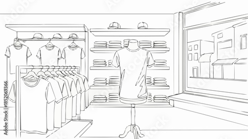 Clothing store interior with mannequins and racks of t-shirts.