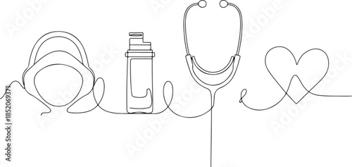 A collection of outline illustrations depicting essential medical tools and symbols related to patient care, diagnosis, and monitoring.