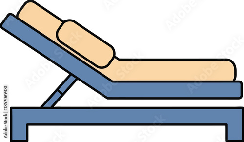 A clean and simple illustration of an adjustable lounge chair with blue frame and light-colored cushions.