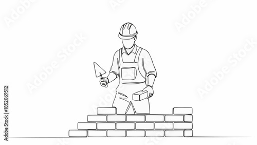Construction worker building a brick wall with trowel and bricks.