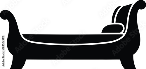 Black silhouette icon of an elegant chaise lounge daybed for interior design concepts