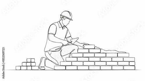 Construction worker building a brick wall with trowel.