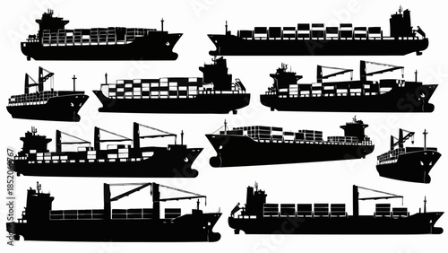 Collection of Cargo Ships Silhouettes for Maritime Transport and Logistics.