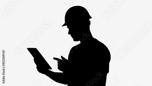 Silhouette of a construction worker using a tablet computer.