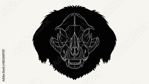 Detailed Line Art Skull of a Fierce Animal with Furry Outline.