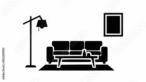 Living room interior with sofa coffee table and floor lamp.