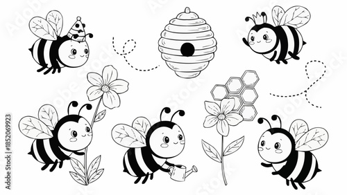 Cute Cartoon Bees and Beehive Illustration Set.