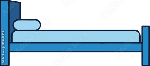 Simple illustration of a blue single bed with pillow and mattress