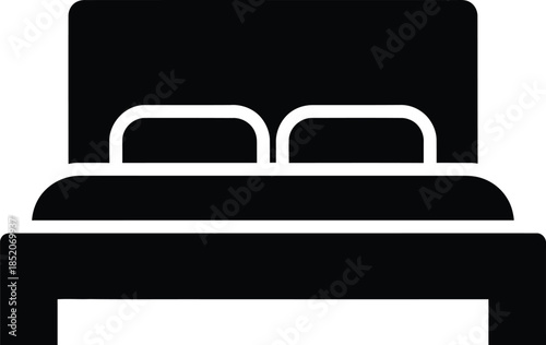 Simple black icon illustration of a double bed with pillows for bedroom and hotel concepts