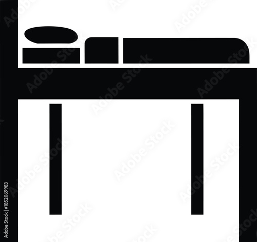 Simple black icon illustration of a single bed with pillow and mattress