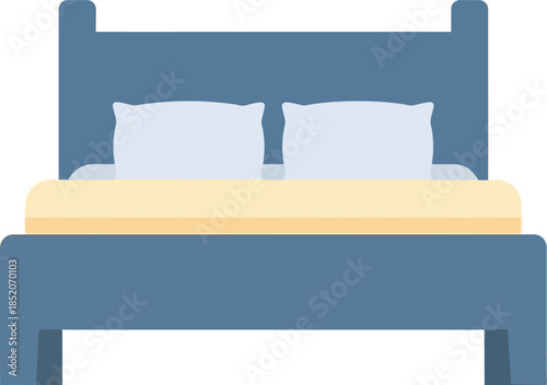 A flat illustration of a blue bed with pillows on a white background