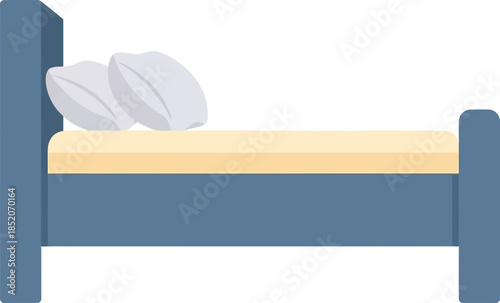 A simple illustration of a blue bed frame with a yellow mattress and two grey pillows