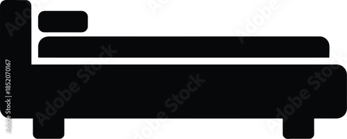 Minimalist black icon of a bed with headboard and pillow on a white background