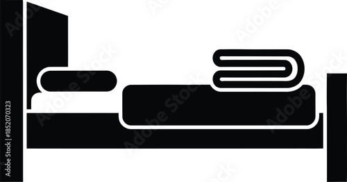 Minimalist black and white icon representing a single bed with pillow and blanket for sleep and accommodation.