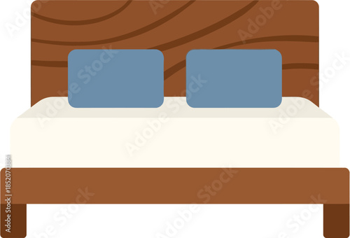 Simple flat design illustration of a double bed with blue pillows and a brown headboard