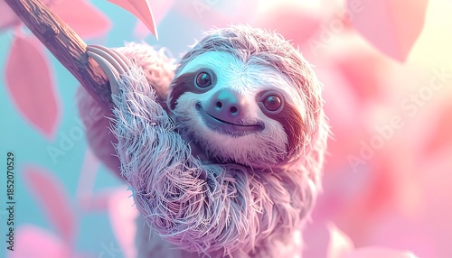 A charming 3D pastel sloth with glossy eyes hanging from a branch in a dreamy, vibrant forest
