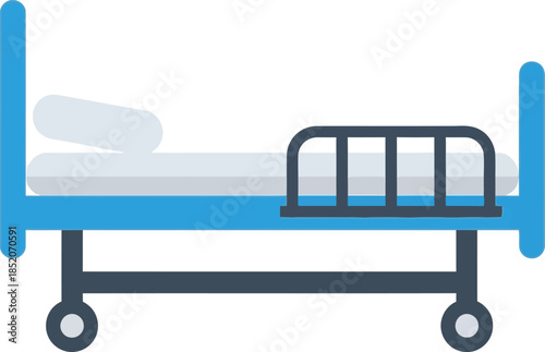 A blue hospital bed with side rails and wheels depicted in a flat design illustration.