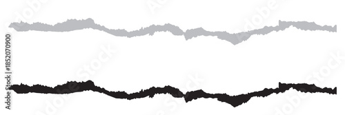 Horizontal torn paper edge texture. Minimal horizontal torn paper strip isolated on white background, useful for design dividers, overlays, banners, and abstract backgrounds.

