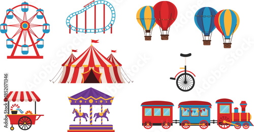 Amusement Park And Circus Icons Collection With Ferris Wheel Carousel Train And Hot Air Balloons Isolated On White Background Flat Vector Illustration
