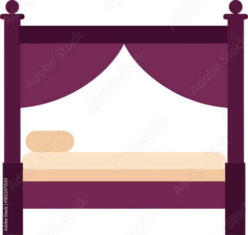 Simple illustration of a purple four-poster bed with a canopy and mattress