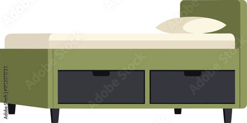 A minimalist green single bed with built-in dark gray storage drawers