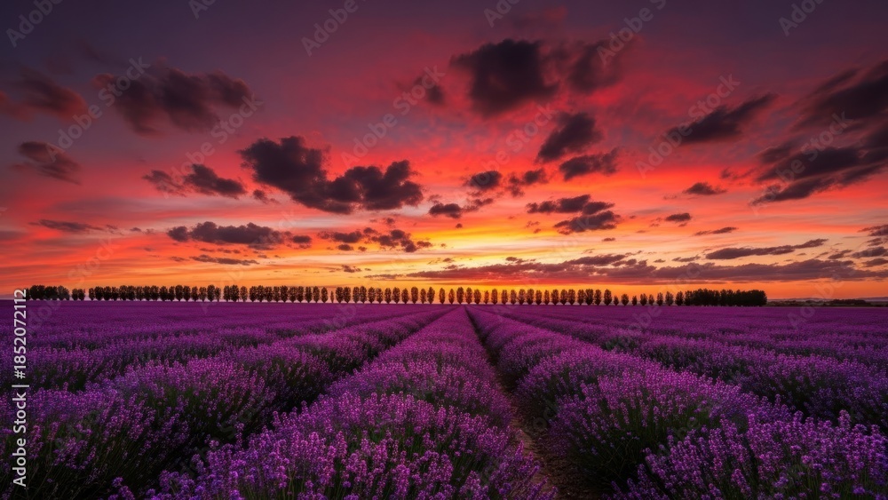 Obraz premium Purple lavender field with colorful sunset sky