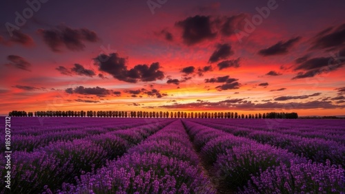 Purple lavender field with colorful sunset sky