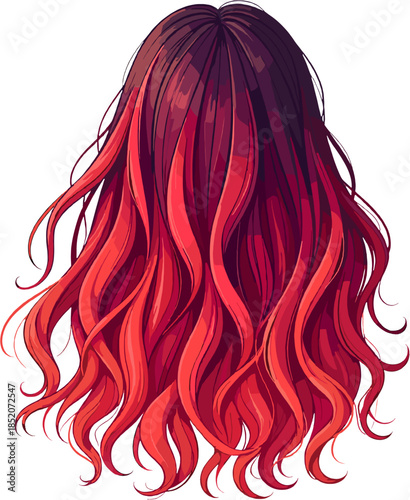 Red long hair illustration isolated on white background, female hairstyle back view clipart