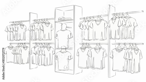 Clothing store display racks with t-shirts neatly arranged.
