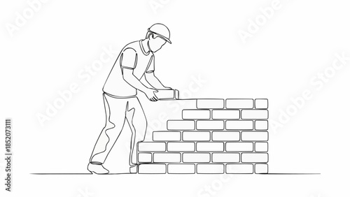 Construction worker building a brick wall with focus on the worker and the wall.
