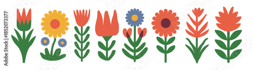 Stylized Colorful Flower Row with Green Stems and Leaves