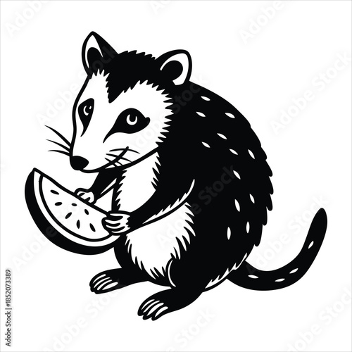 kawaii opossum eating a slice of watermelon