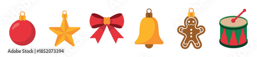 Christmas Icon Set with Ornament, Star, Bow, Bell, Cookie, and Drum